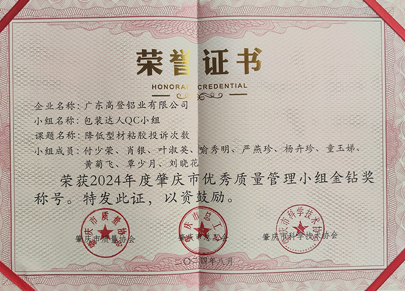 榮獲2024年度肇慶市優(yōu)秀質量管理小組金鉆獎稱號