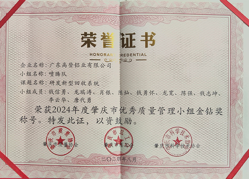 榮獲2024年度肇慶市優(yōu)秀質量管小組金鉆獎稱號。特發(fā)此證,以資鼓勵